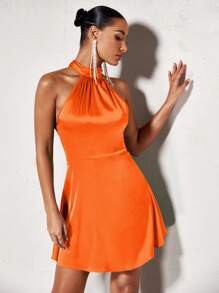 SHEIN BAE Solid Satin Halter Neck Backless Dress - Orange - View 3