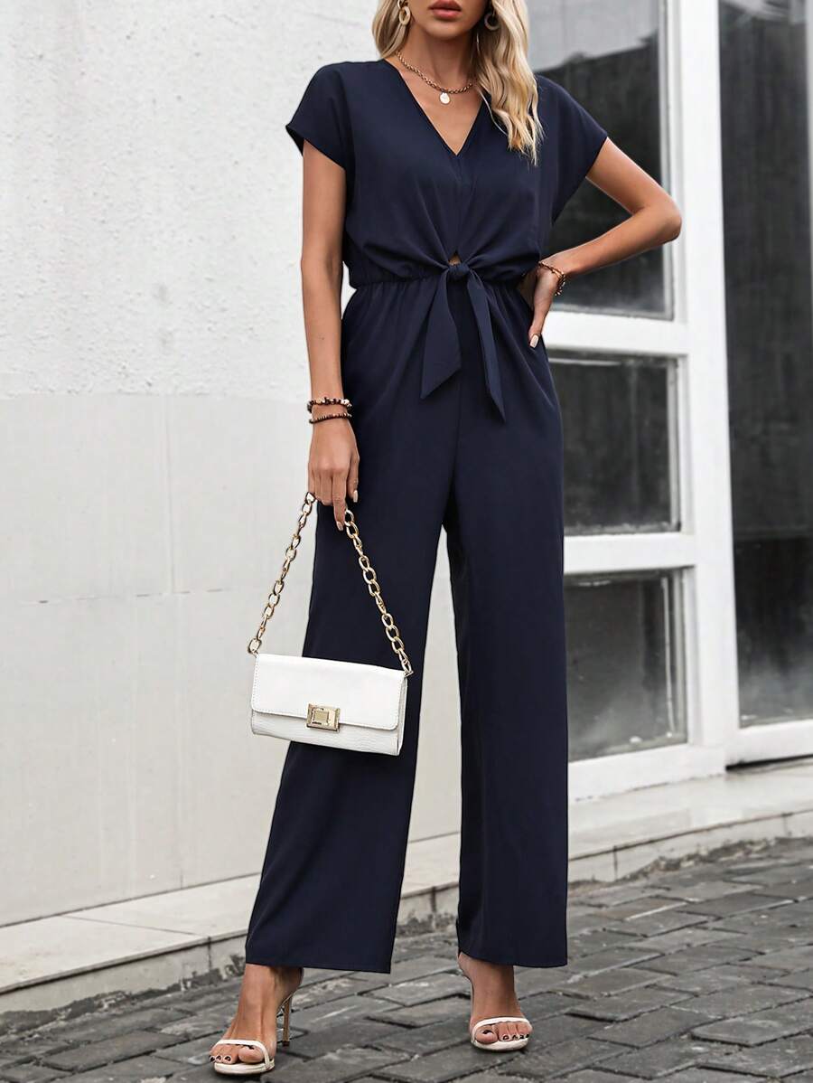 Chiquease Mono de pierna ancha unicolor con nudo delantero - Azul Marino - Ver 1