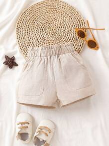 Baby Girl Solid Paperbag Waist Shorts - Apricot - View 1