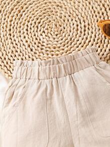 Baby Girl Solid Paperbag Waist Shorts - Apricot - View 4