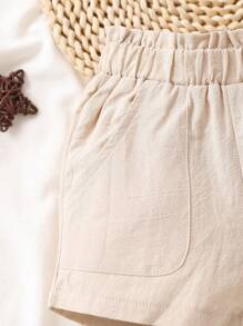 Baby Girl Solid Paperbag Waist Shorts - Apricot - View 5