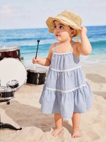 SHEIN Baby Striped Print Guipure Lace Trim Ruffle Hem Cami Dress - Blue and White - View 4