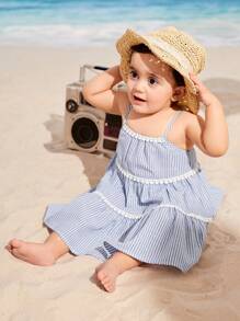 SHEIN Baby Striped Print Guipure Lace Trim Ruffle Hem Cami Dress - Blue and White - View 5