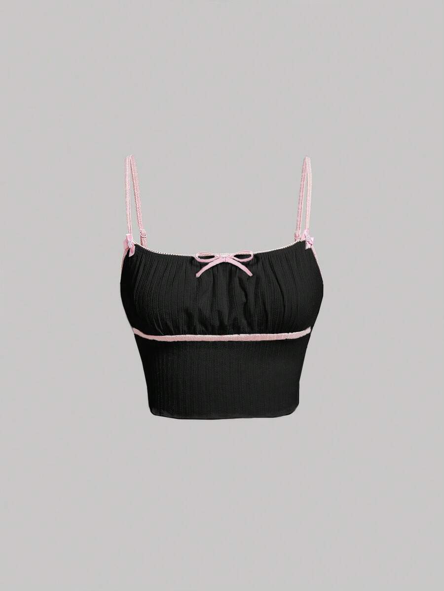 SHEIN MOD Top de tirantes unido en contraste pecho con fruncido - Negro - Ver 1