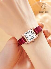 LUCKYFOX 復古正方形 PU 皮革石英女錶，極簡商務休閒風，多色百搭鋅合金錶殼，日常通勤女錶 - 酒紅色 - 查看 2