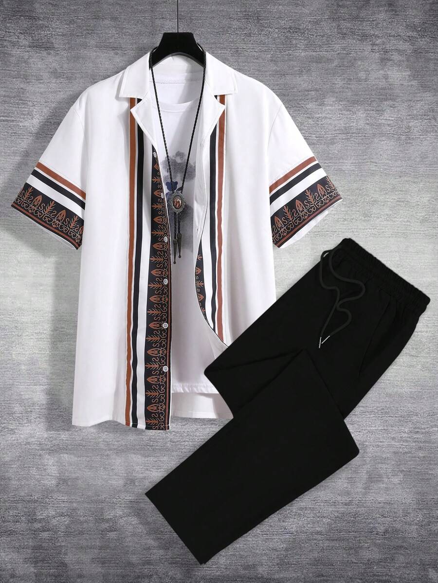 Manfinity RSRT 男士植物圖案襯衫和腰部抽繩長褲不帶T恤 - 彩色 - 查看 1