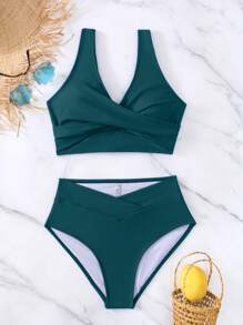 SHEIN Swim Solid High Waisted Bikini Set For Summer Beach - Teal Blue - View 4