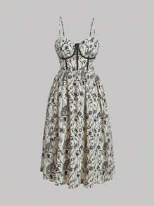 SHEIN MOD Plus Allover Floral Print Corset Structure Cami Dress - Beige - View 1