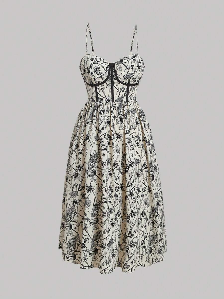 SHEIN MOD Plus Allover Floral Print Corset Structure Cami Dress - Beige - View 1