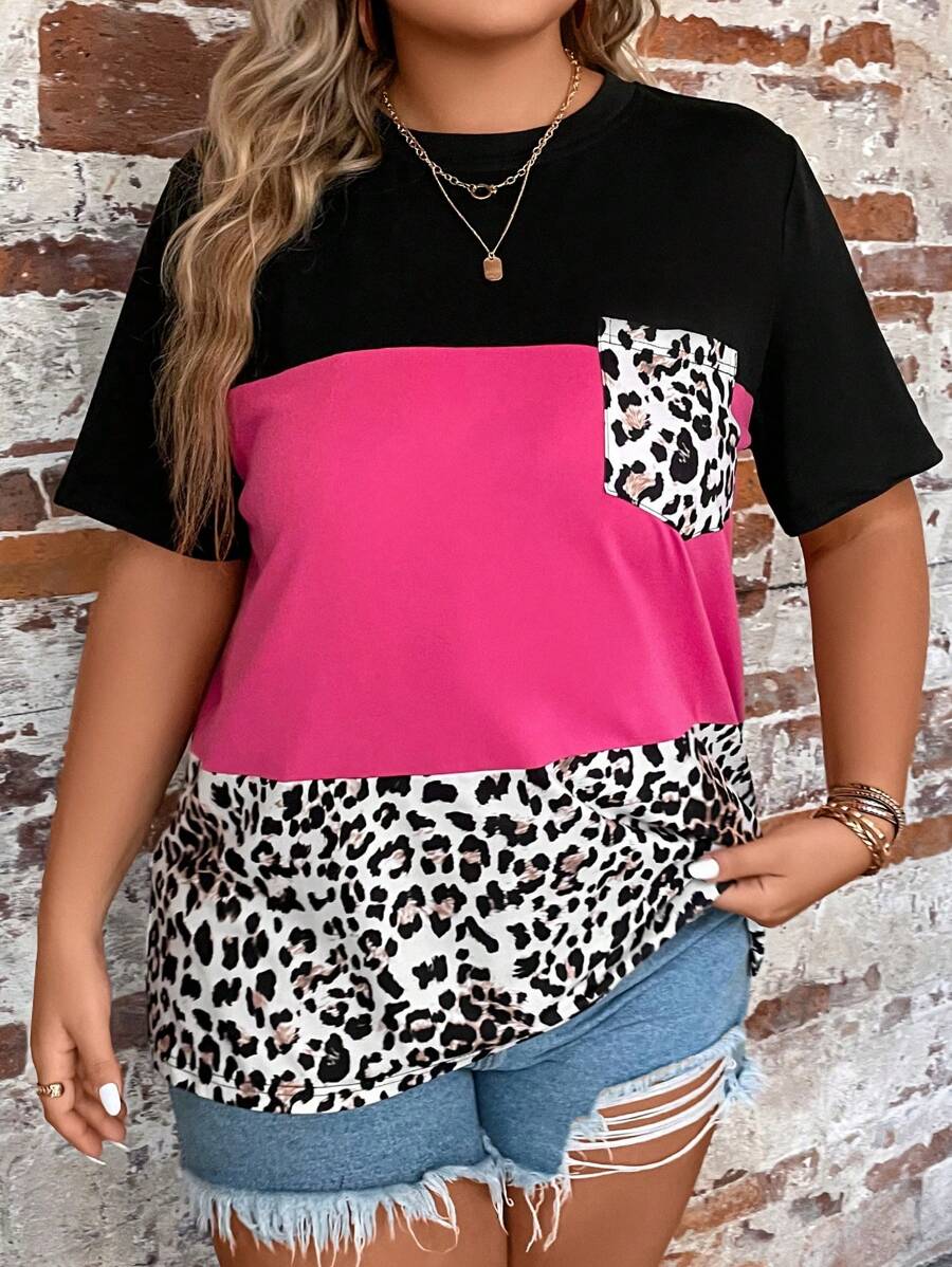 EMERY ROSE Plus Leopard Print Colorblock Patched Pocket Tee, Contrast Cheetah Print Tee, Women Summer Top