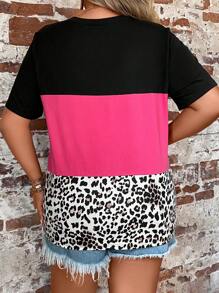 EMERY ROSE Plus Leopard Print Colorblock Patched Pocket Tee, Contrast Cheetah Print Tee, Women Summer Top