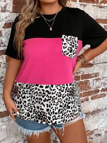 EMERY ROSE Plus Leopard Print Colorblock Patched Pocket Tee, Contrast Cheetah Print Tee, Women Summer Top