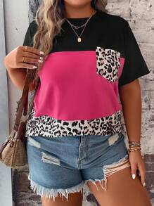 EMERY ROSE Plus Leopard Print Colorblock Patched Pocket Tee, Contrast Cheetah Print Tee, Women Summer Top