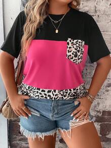EMERY ROSE Plus Leopard Print Colorblock Patched Pocket Tee, Contrast Cheetah Print Tee, Women Summer Top