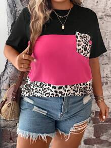 EMERY ROSE Plus Leopard Print Colorblock Patched Pocket Tee, Contrast Cheetah Print Tee, Women Summer Top