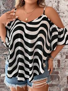 SHEIN LUNE Plus Wave Striped Cold Shoulder Asymmetrical Hem Blouse - Black and White - View 4