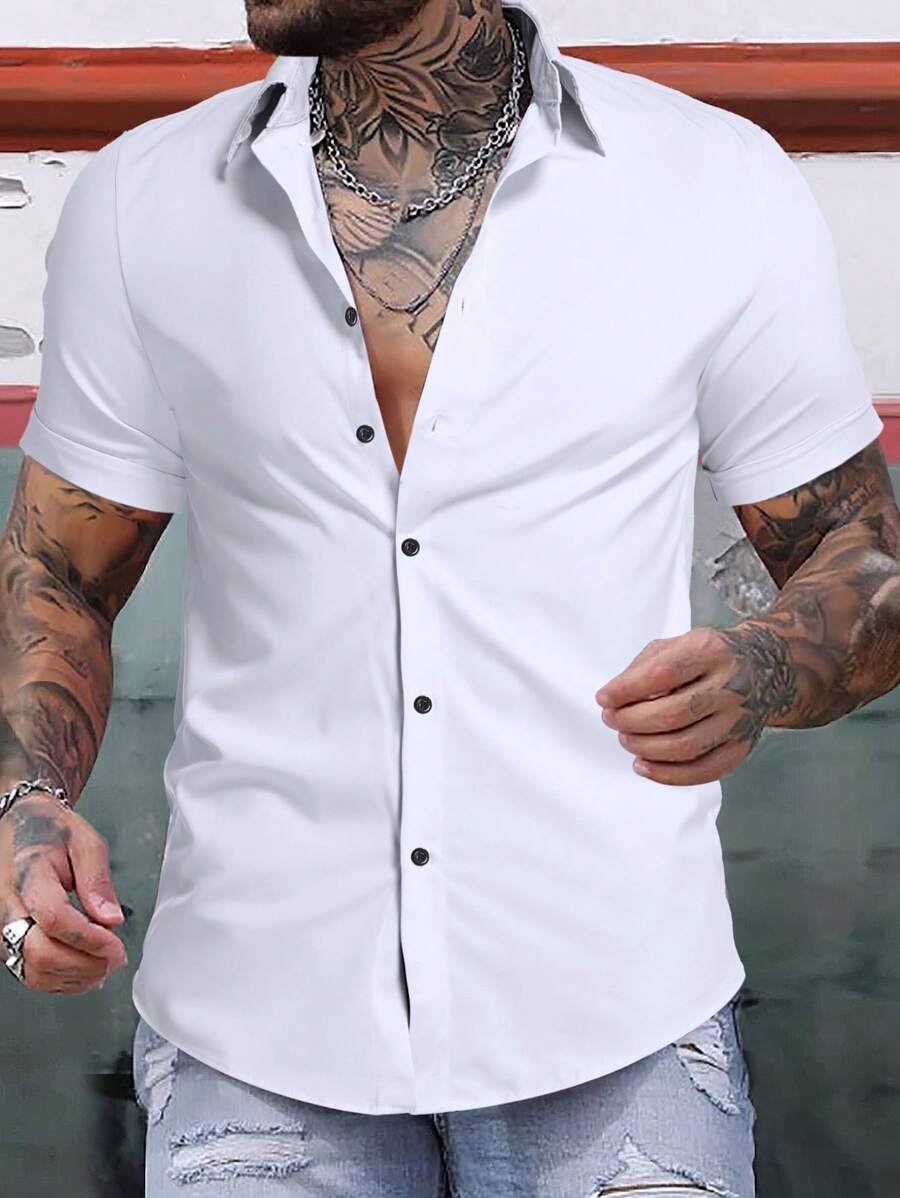 Manfinity Homme Men Contrast Collar Button Up Shirt - White - View 1