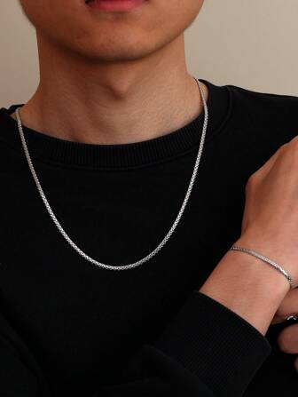 2入組時尚男友禮物,鋼色平方珠鏈男士手鐲項鍊套裝