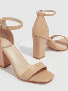 CUCCOO BIZCHIC Woman Shoes Minimalist Square Toe Chunky Heeled Ankle Strap Elegant Summer Beige Heeled Sandals For Spring And Summer Vacation Shoes Summer Back To School Shoes College Student Shoes Elegant Basics Business Casual Business Chic Spring Shoes Spring Break Easter