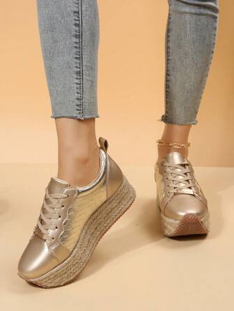 Fall/Winter Women Metallic Espadrille Lace-Up Front Skate Shoes, Sporty Golden Non-Slip Sneakers