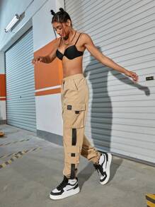 Drawstring Waist Letter Patched Flap Pocket Buckle Detail Cargo Trousers - Khaki - View 6