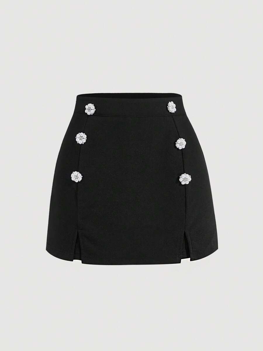 SHEIN MOD Pearls Detail Split Hem Skort