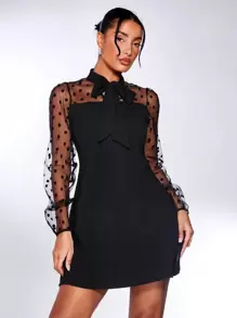 SHEIN Privé Tie Neck Polka-dot Flocked Mesh Sleeve Dress - Black - View 1