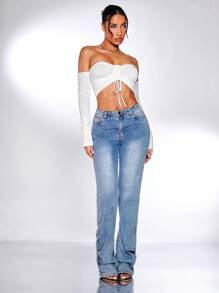 SHEIN BAE Áo nữ Xù màu trơn Gợi cảm - trắng - Xem 4