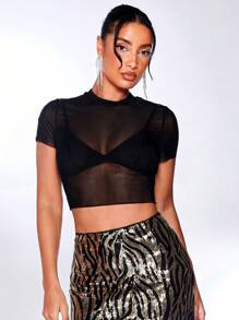 SHEIN BAE Mesh Fitted Top Without Bra