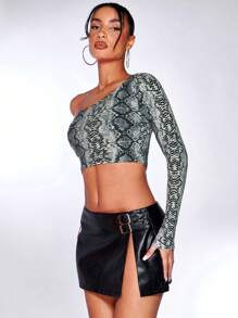 SHEIN BAE Snakeskin Print One-Shoulder Crop Top - Multicolor - View 5
