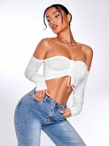 SHEIN BAE Áo nữ Xù màu trơn Gợi cảm - trắng - Xem 8