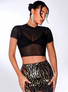 SHEIN BAE Mesh Fitted Top Without Bra