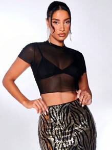 SHEIN BAE Mesh Fitted Top Without Bra