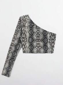 SHEIN BAE Snakeskin Print One-Shoulder Crop Top - Multicolor - View 1