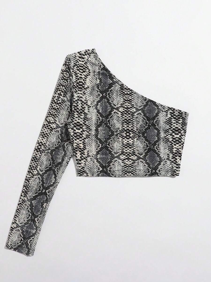 SHEIN BAE Snakeskin Print One-Shoulder Crop Top - Multicolor - View 1