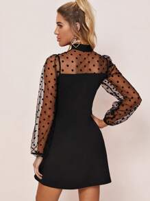 SHEIN Privé Tie Neck Polka-dot Flocked Mesh Sleeve Dress - Black - View 10
