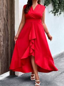 Modelyn Vestido bajo cruzado ribete con fruncido - Rojo - Ver 1