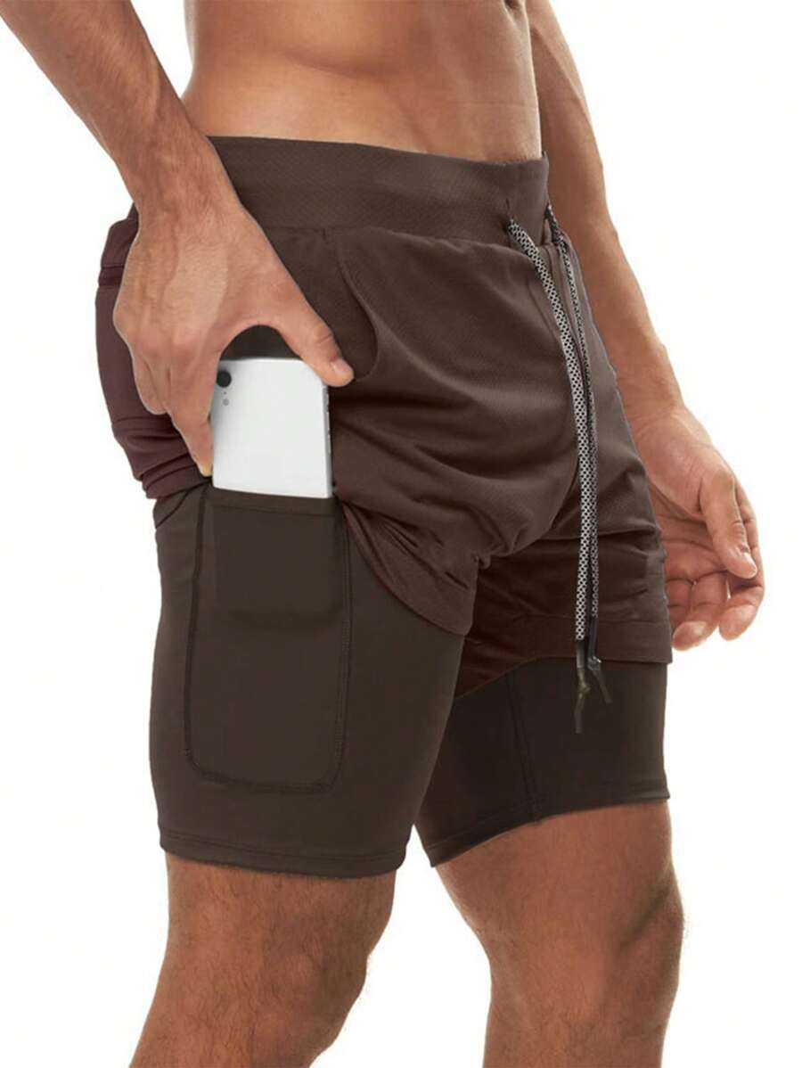 Manfinity Sport Corelite 男友风男士纯色简约休闲运动短裤校园 - 咖啡棕 - 查看 1