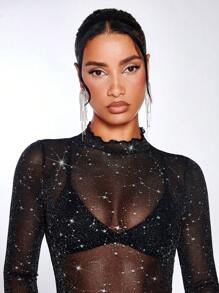 SHEIN BAE 生菜邊閃亮網紗上衣不帶胸罩 - 黑色 - 查看 8