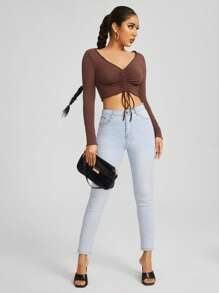 SHEIN BAE 生菜邊前抽繩抽褶短版T恤 - 巧克力棕 - 查看 9