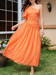 SHEIN Belle One Shoulder Cutout Waist Ruched Dress - Orange - View 1