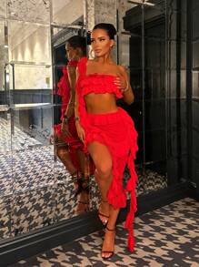 Ruffle Trim Top & Skirt Set - Red - View 1
