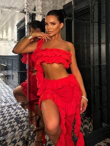 Ruffle Trim Top & Skirt Set - Red - View 7