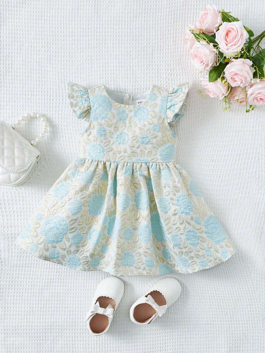 SHEIN Bebé Vestido floral jacquard ribete con fruncido - Azul menta - Ver 1