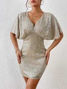 GENKIRA Batwing Sleeve Sequin Bodycon Dress Christmas Holiday Party Dress  - Beige - View 3