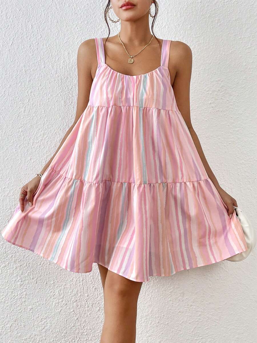 SHEIN VCAY 條紋印花荷葉邊吊帶連衣裙 - 粉色 - 查看 1