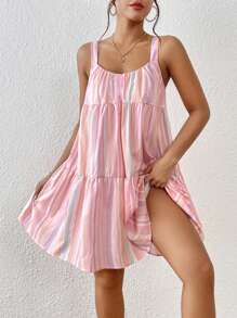 SHEIN VCAY 條紋印花荷葉邊吊帶連衣裙 - 粉色 - 查看 6