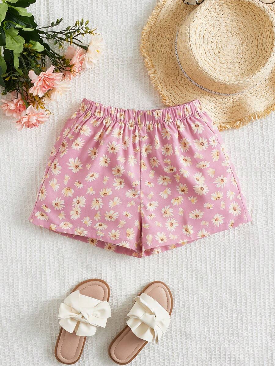 SHEIN Young Girl Summer Daisy Pattern Loose Fit Printed Shorts - Pink - View 1