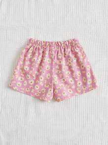 SHEIN Young Girl Summer Daisy Pattern Loose Fit Printed Shorts - Pink - View 2
