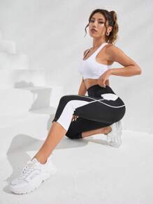 Easithlete Quần Leggings Thể thao Nữ Khối Màu - Đen và trắng - Xem 4